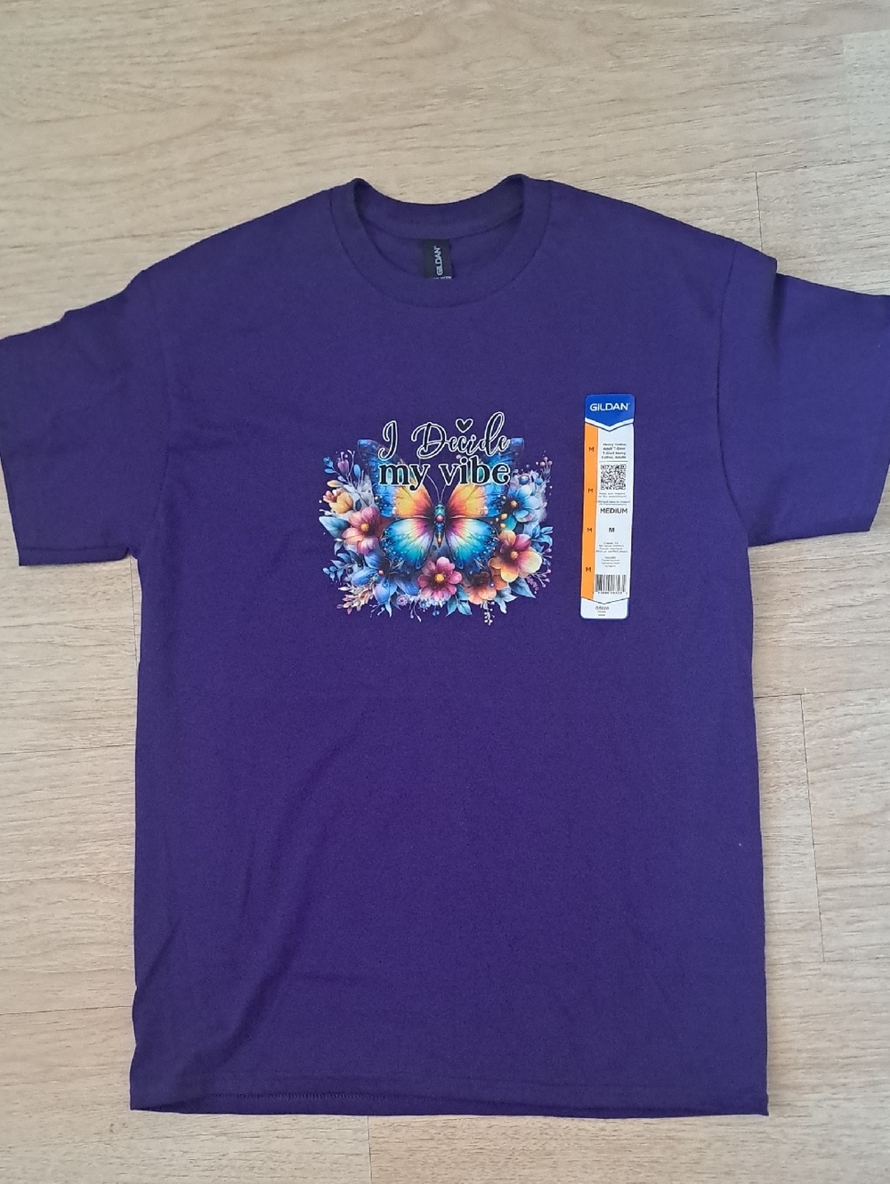 Gildan Purple Short Sleeve Tee with Colorful Butterfly & Floral Graphic
